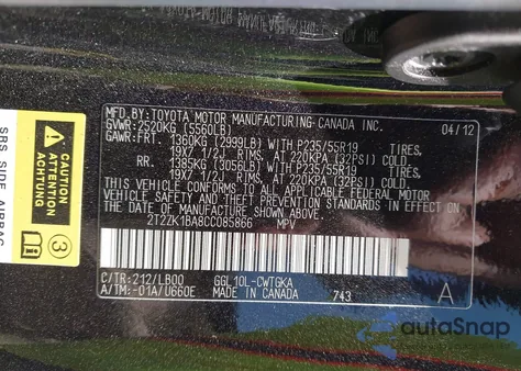 2012 Lexus Rx 350 from USA, damaged, VIN 2T2ZK1BA8CC085866